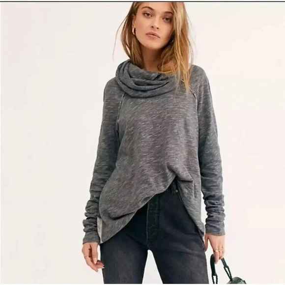 Free People‎ Gray Cocoon Cowl Neck Pullover Raw Hem Knit Top Oversized Size S - Picture 1 of 8